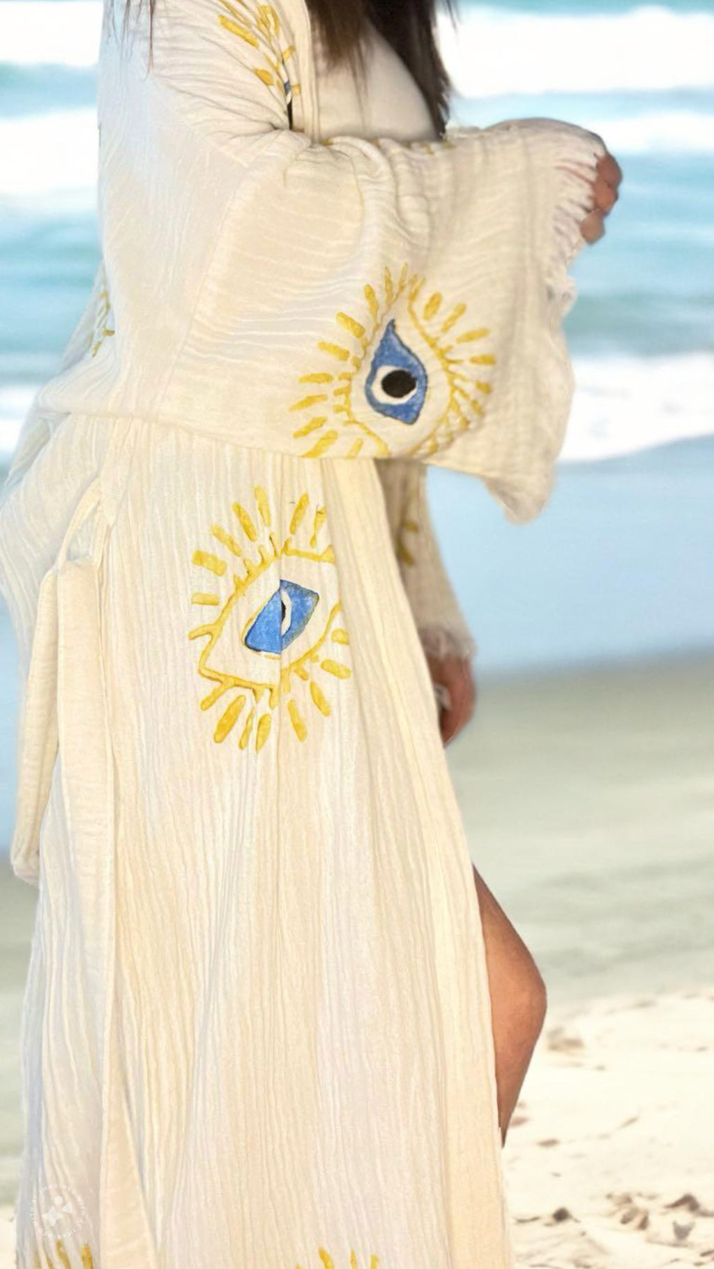 Handmade Evil Eye Turkish Cotton Robe - Yellow